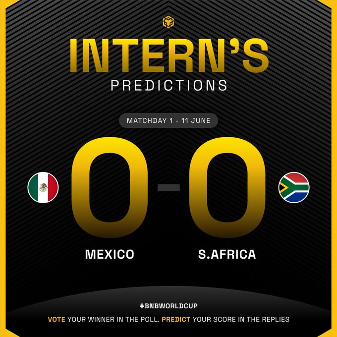 The intern's predictions for #BNBWorldCup are that Mexico will win the match against South Africa, with a score of 2-1.