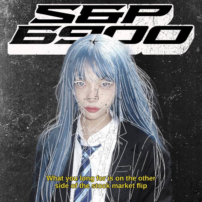 An anime-style album cover featuring 'S&P 500' in bold stylized text with a blue-haired female character in a school uniform, captioned 'What you long for is on the other side of the stock market flip'.