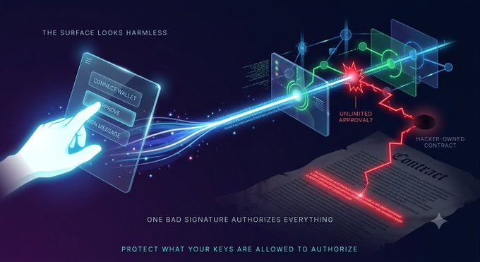 A cybersecurity warning graphic with the text 'THE SURFACE LOOKS HARMLESS' and 'ONE BAD SIGNATURE AUTHORIZES EVERYTHING - PROTECT WHAT YOUR KEYS ARE ALLOWED TO AUTHORIZE,' illustrating a wallet approval exploit.