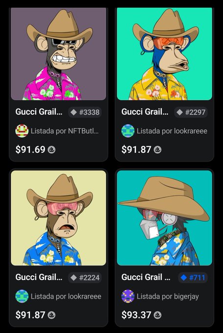 Four "Gucci Grail" NFT listings are displayed in a grid, each featuring a stylized ape character wearing a cowboy hat and floral-patterned jacket, priced between $91.69 and $93.37, with item numbers #3338, #2297, #2224, and #711 from sellers NFTButl, lookrareee, and bigerjay. The image illustrates the post's promotion of affordable Gucci-themed ape NFTs from the 10KTF Gucci Grail collection on OpenSea.