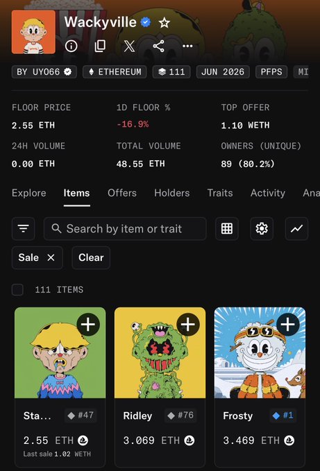 A screenshot of an OpenSea NFT collection page for 'Wackyville' by UY066 on Ethereum, showing 111 items, a floor price of 2.55 ETH, and individual listings including Sta... (#47), Ridley (#76), and Frosty (#1).