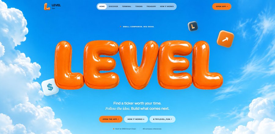 The image shows the homepage of "LEVEL" (trylevel.fun) featuring a large, glossy orange balloon-style "LEVEL" logo against a blue sky background, with the tagline "SMALL COMPANIES, BIG IDEAS" and "Find a ticker worth your time. Follow the idea. Build what comes next." The site positions itself as a microcap stocks launchpad built on the BNB Smart Chain, directly supporting the post's call for a platform focused on the "long tail" of small public companies rather than just well-known mega caps.