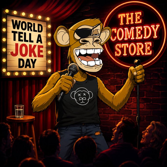 A cartoon-style illustration of a monkey wearing sunglasses on a comedy club stage, with a sign reading 'WORLD TELL A JOKE DAY' and a neon 'THE COMEDY STORE' sign in the background.