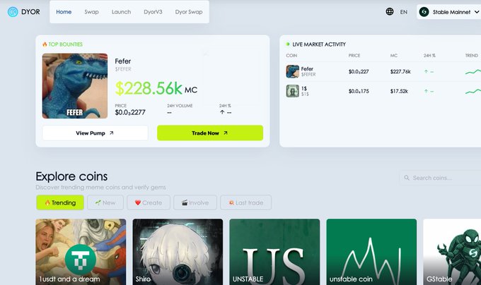 A DYOR cryptocurrency website screenshot showing Fefer coin as a top bounty with $228.56k MC at $0.02277, live market activity, and explore coins section featuring meme coins including '1sad and a dream', 'Shiko', 'UNSTABLE', 'unstable coin', and 'GStable'.