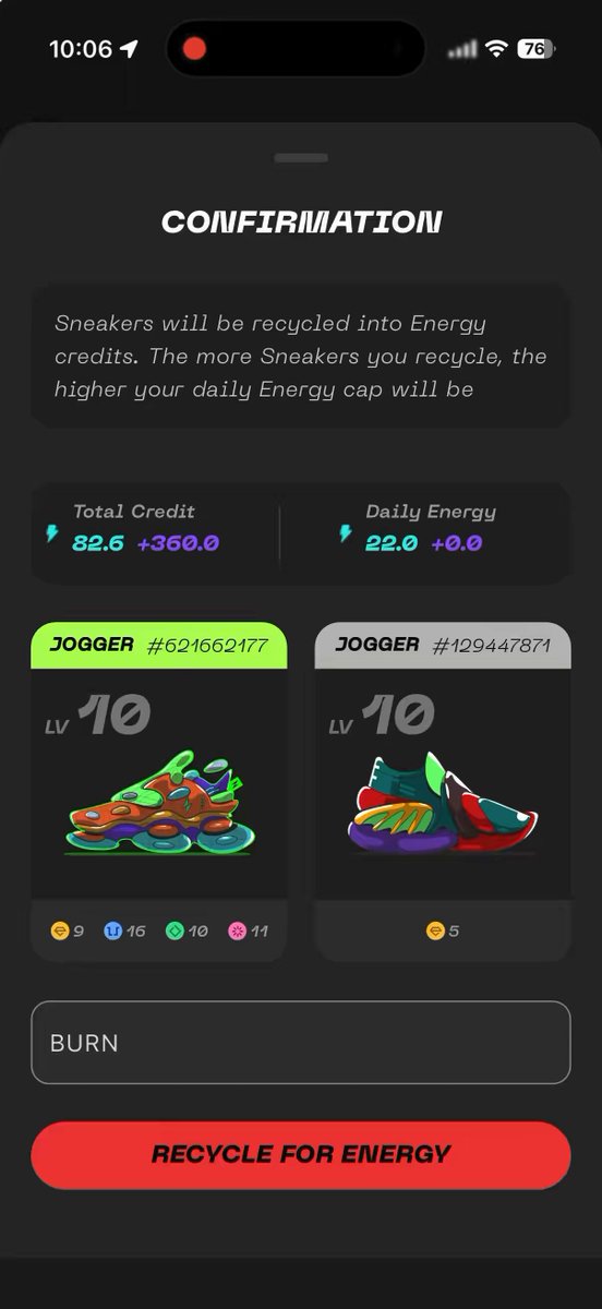 The image shows a phone screen with an app called "BURN" displayed, which appears to be related to energy recycling or a sneaker-related game. The background of the image is black, making the app stand out prominently on the device's display.