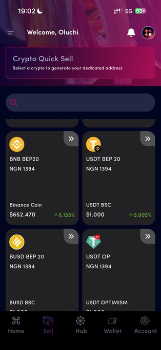 The image shows a cryptocurrency exchange screen from QuickChain App, displaying "Welcome, Oluchi" with various crypto rates including BNB BEP20 at $652.470 with a 6.155% increase, USDT BEP 20 at $1.000, BUSD BEP 20, and USDT OPTIMISM, all priced at NGN 1394. The image supports the post's claim of "sweet rates" by highlighting the impressive percentage gains visible on the platform.