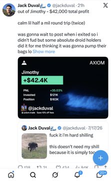 A tweet by Jack Duval (@jackduval_) celebrating a $42,000 profit on Jimmy token, with PNL at +36.03% and Invested at $12K.