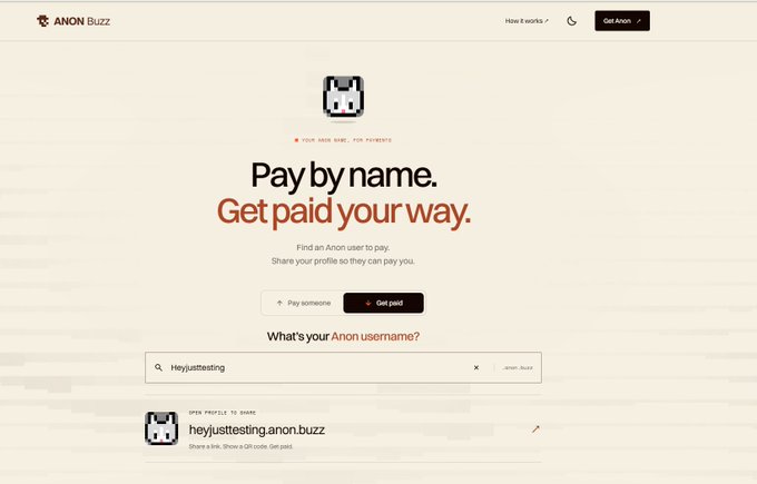 A screenshot of the Anon Buzz website homepage featuring the tagline 'Pay by name. Get paid your way.' and a profile search for 'heyjusttesting'.