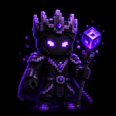 A digital voxel art character dressed in dark purple and black armor with a crown, glowing purple eyes, and holding a staff topped with a glowing purple die against a black background.