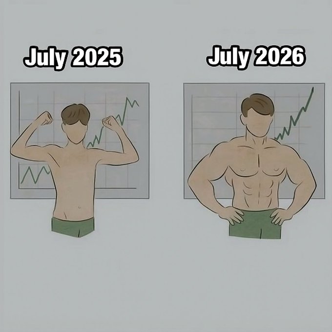 A fitness progress meme comparing 'July 2025' showing a thin man flexing in front of a rising stock chart, with 'July 2026' showing a much more muscular man posing confidently with the same chart behind him.