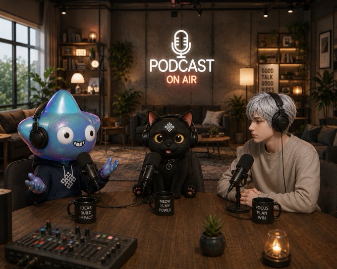 A cozy podcast studio scene featuring a silver-haired host with headphones alongside two animated characters—a blue star-shaped creature and a black cat—sitting at a table with microphones and a 'PODCAST ON AIR' neon sign.