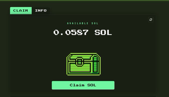 The image displays a crypto airdrop claim interface with a pixel-art design, showing "AVAILABLE SOL: 0.0587 SOL" above a green "Claim SOL" button. It appears to be a sarcastic reference to the viral Solana airdrop scam, as the displayed payout is significantly smaller than the $319 million figure mentioned in the post.