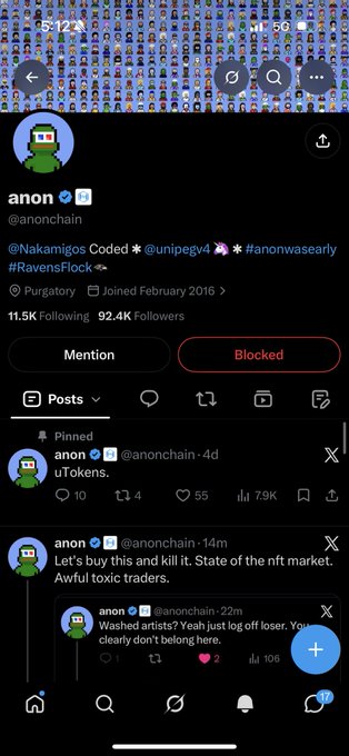 A screenshot of the X (Twitter) profile for "anon" (@anonchain) showing a blocked status and a recent post about "toxic traders" in the NFT market, which directly relates to the accompanying caption's commentary about the user's complaints shifting blame for poor project performance, particularly regarding $uPEG and uToken mentioned in the pinned tweet.