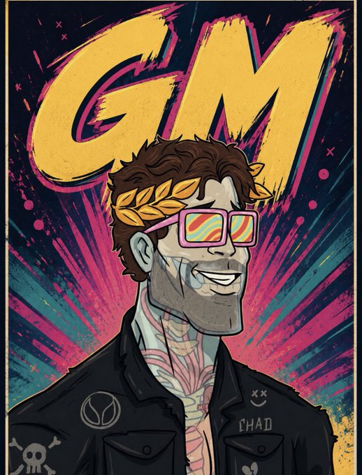 A stylized illustrated portrait of a man with a laurel wreath and rainbow sunglasses, labeled "CHAD," set against a vibrant pink and yellow background with the word "GM" (Good Morning) in bold lettering—tying into the post's "Good~morning" greeting and crypto giveaway.