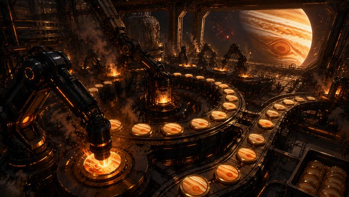 A futuristic industrial space station filled with robotic arms and molten vats overlooks a massive view of Jupiter through a large window, visually representing the construction of the $JUPITER token on Uniswap as a vast, cosmic-scale operation.