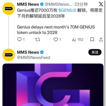 A tweet from MMS News (@MMSNewsFeed) announces that Genius ($GENIUS) has delayed its planned 70 million token unlock from next month to 2028, sharing a Genius Group logo image. This aligns with the accompanying post's criticism of Genius for breaking their promise to Season 2 participants by changing the distribution rules after users completed transactions and accumulated points.