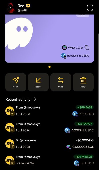 A mobile crypto wallet screenshot showing a user profile "Red" (@red9) with a ghost avatar, wallet address 9MKq...VJkt, USDC receipt option, and recent activity including USDC and SOL transactions with @moovexyz.