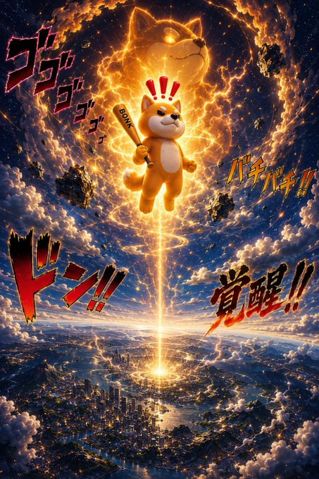 An anime-style Shiba Inu dog emerges from a fiery portal above a city skyline, clutching a glowing scepter labeled "BONK" with Japanese-style text around it, including "覚醒!!" (Awakening!!), symbolizing BONK's anticipated breakout and resilient recovery following the DAO incident.
