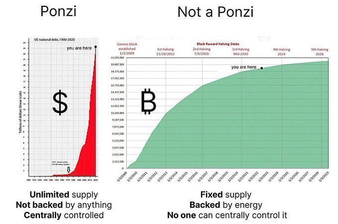 A side-by-side comparison contrasting the US dollar as a "Ponzi" with unlimited, unbacked, centrally-controlled supply versus Bitcoin as "Not a Ponzi" with its fixed supply capped at 21 million, backed by energy, and resistant to central control, showing monetary supply curves from 1900 to 2028 with halving dates (2012, 2016, 2020, 2024, 2028) marked.