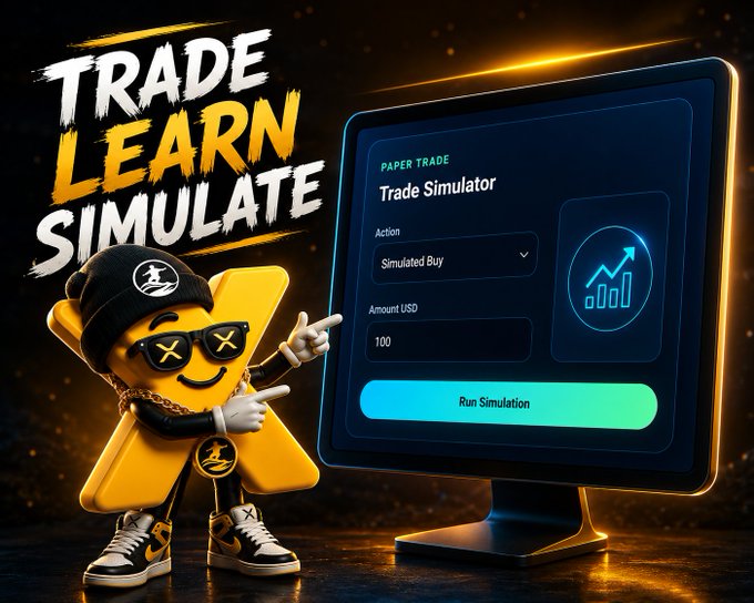 A promotional graphic featuring a yellow X-shaped mascot wearing sunglasses and a beanie, standing next to a 'Trade Simulator' interface with 'TRADE LEARN SIMULATE' text.