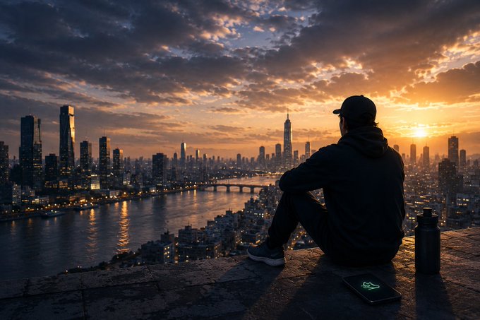A solitary figure wearing a cap sits on a rooftop at sunset, silhouetted against a sprawling cityscape with a river winding through illuminated skyscrapers, contemplating the horizon while a glowing smartphone and water bottle rest beside them. The image visually echoes the post's message about quiet pioneers who move silently while others remain unaware—mirroring the lone observer overlooking a vast city at dawn, symbolizing the early few who see what's coming before the masses do.