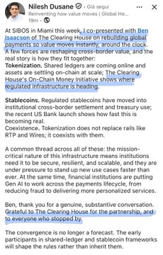 A screenshot of a tweet by 'Nilesh Dusane · @Gila_sang' discussing SIBOS in Miami and highlighting text about tokenization, including phrases like 'regulating infrastructure is leading' and 'the convergence is no longer a forecast'.