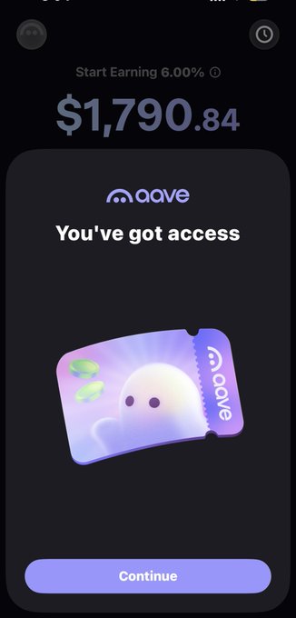 A mobile app screen displays an account balance of $1,790.84 and an 'aave' notification stating 'You've got access' with a 'Continue' button.