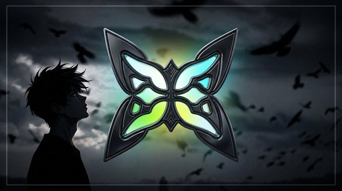 An anime-style image showing the silhouette of a young man looking at a glowing, multicolored butterfly emblem against a dark, cloudy sky with flying birds.