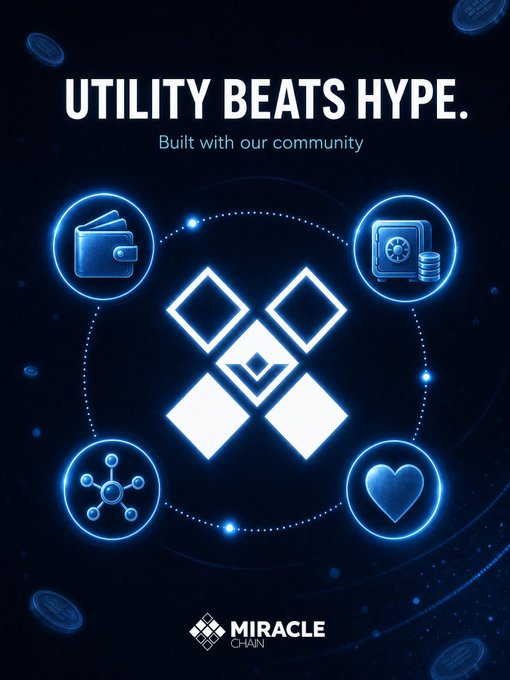 A promotional graphic for Miracle Chain featuring the text 'UTILITY BEATS HYPE. Built with our community' alongside four icons representing a wallet, vault, network, and heart, with cryptocurrency coins floating in the background.