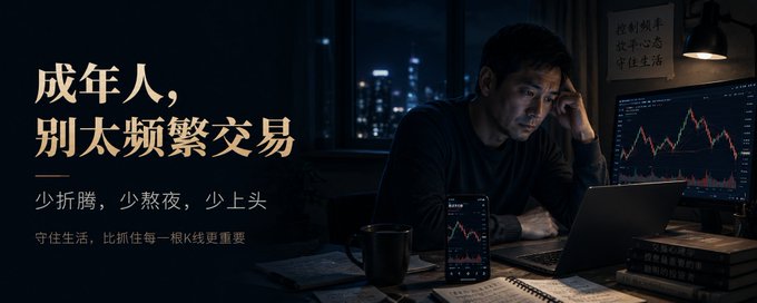 A dark cinematic Chinese-language image showing a tired man at a laptop with trading charts, captioned '成年人, 别太频繁交易' (Adults, don't trade too frequently) and '守住生活, 比抓住每一根K线更重要' (Holding onto life is more important than catching every candlestick).