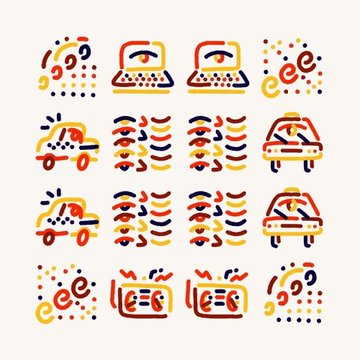 A grid of 16 stylized icons featuring vehicles, laptops, and decorative elements in red, yellow, blue, and black on a light background.