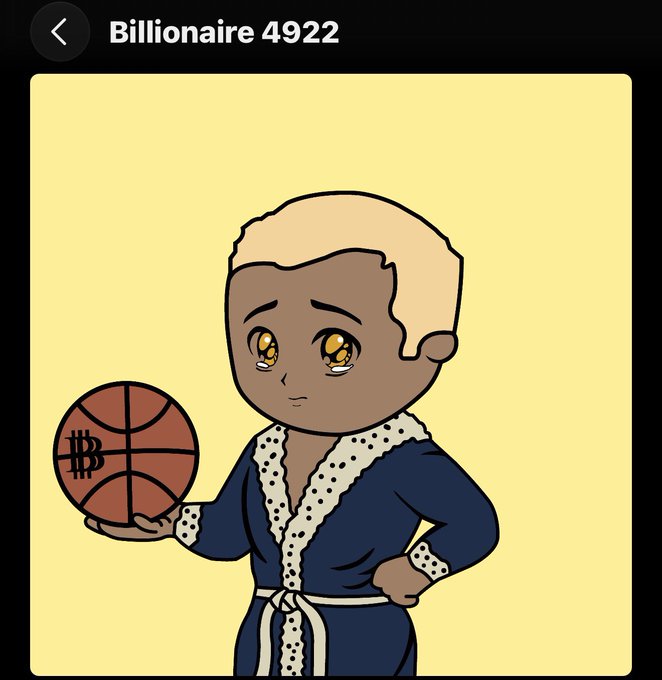 A cartoon illustration titled 'Billionaire 4922' depicting a sad character with dollar signs for eyes holding a basketball marked with a 'B'.