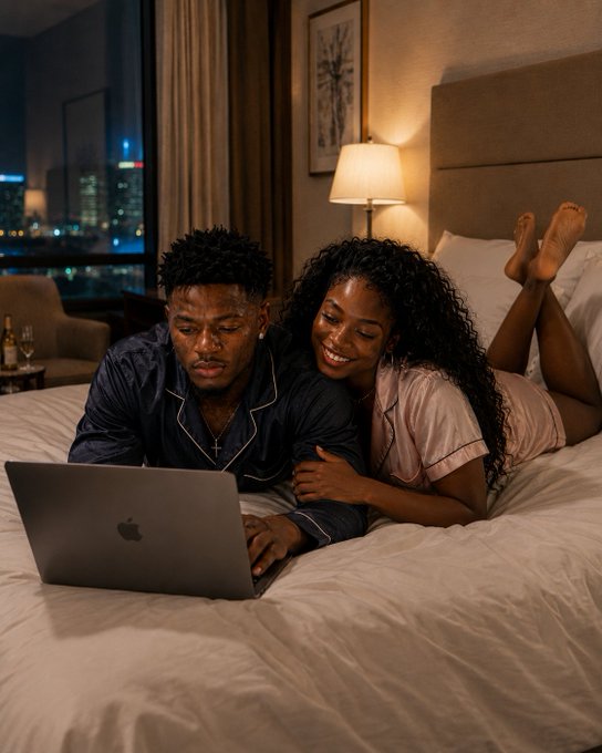 A couple lies on a bed in a hotel room at night, looking at a MacBook laptop with a city skyline visible through the window.
