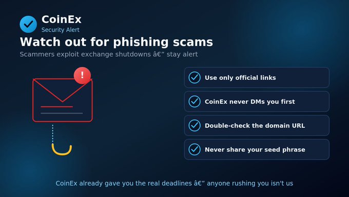 A CoinEx Security Alert titled "Watch out for phishing scams," listing four tips including "Use only official links" and "Never share your seed phrase," alongside an illustration of a phishing email and hook.