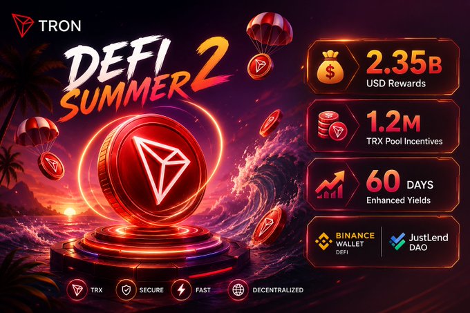 A promotional banner for 'TRON DEFI SUMMER 2' offering 2.35B USD Rewards, 1.2M TRX Pool Incentives, and 60 Days of Enhanced Yields, featuring the Binance Wallet and JustLend logos.