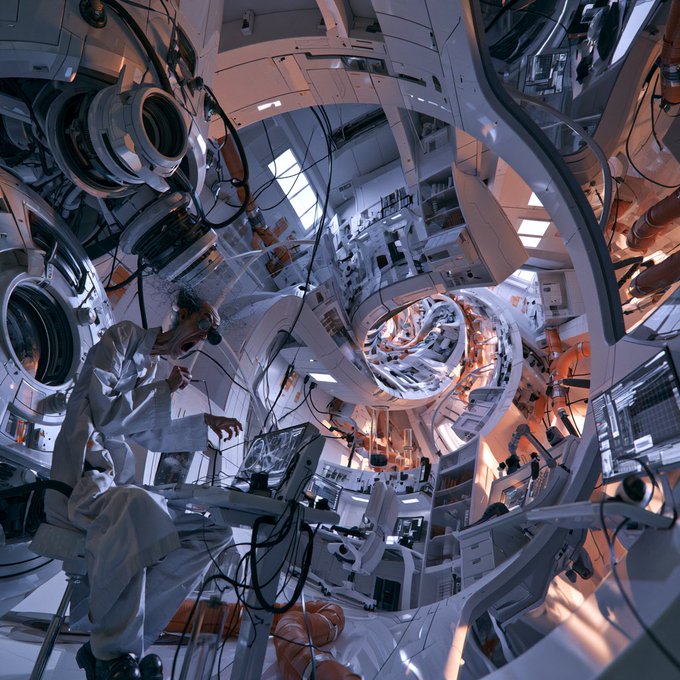 A surreal, recursive sci-fi scene shows a person in a white lab coat working at a control panel within a cylindrical space station or laboratory filled with complex machinery and reflective surfaces.