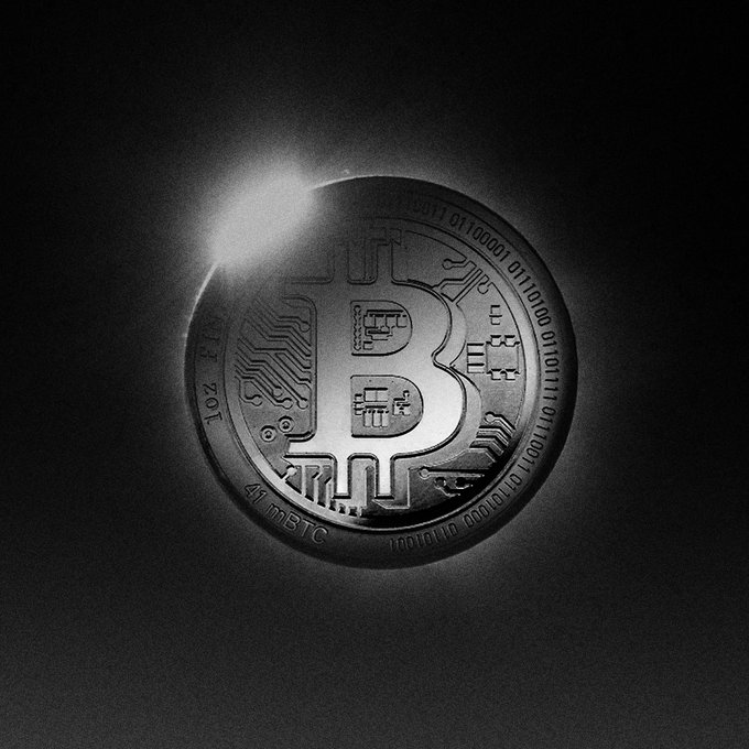 A silver Bitcoin coin floats against a pitch-black background, illuminated by a crescent of light resembling a solar eclipse, with visible inscriptions "FINE COPPER," "2013," and "₿ mBTC." The dramatic lighting mimics a total eclipse, symbolizing Bitcoin overshadowing or "eclipsing" traditional fiat currency, as referenced in the post's phrase "total eclipse of the fiat."