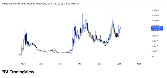 A TradingView candlestick chart from erozcapital dated Juillet 03, 2026, showing price movements between 0 and 0.18e-6, with two points circled on the chart.
