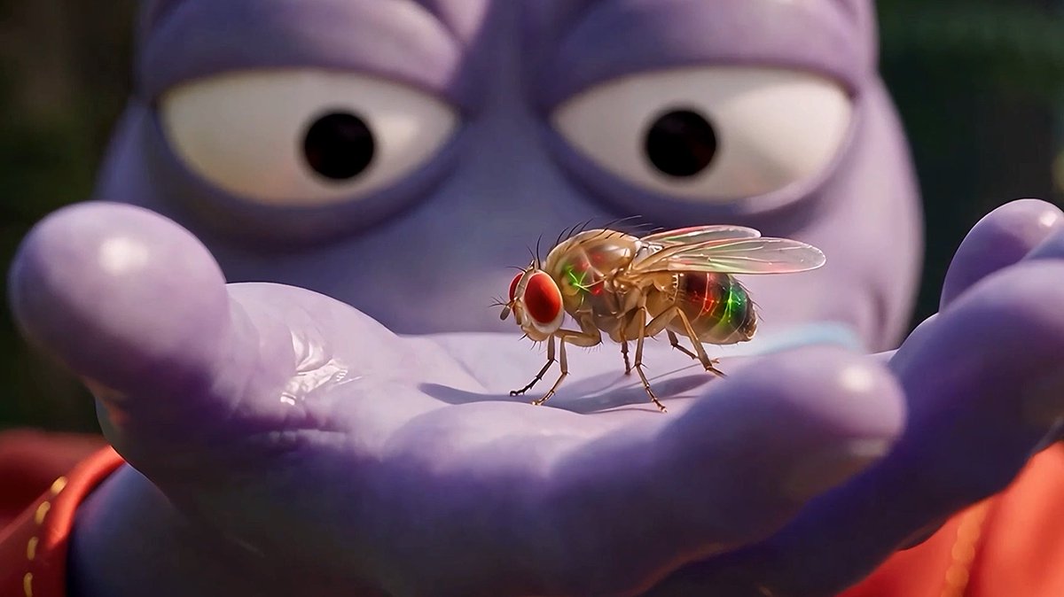 A 3D-rendered purple alien-like character with large eyes holds a detailed fruit fly in its hands.
