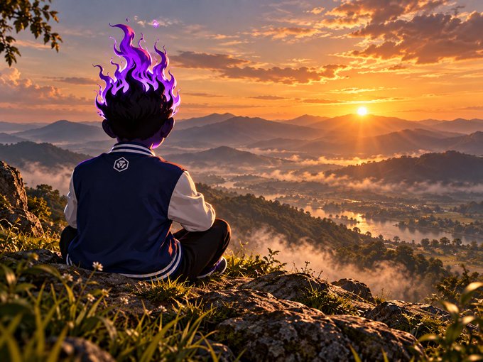 An anime-style character with purple flame-like hair sits on a rocky cliff at sunset, overlooking a misty valley with a river winding through the mountains.