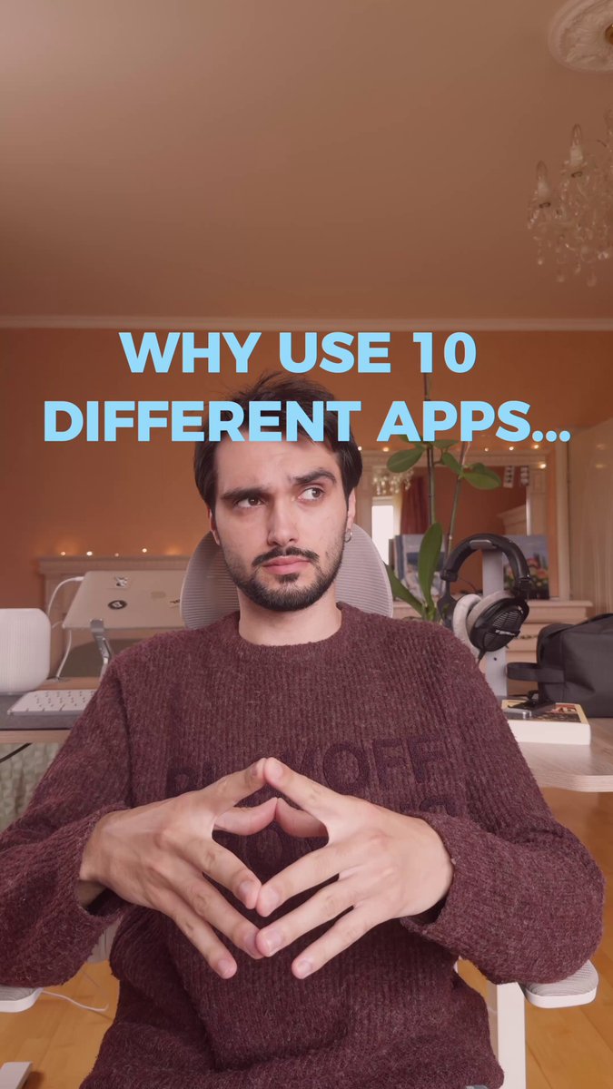 The image shows a man sitting down with his hands folded together, wearing a red sweater. The caption of the image reads "Why use 10 different apps when one can do it all?". This suggests that the man might be contemplating whether he should use multiple applications or if there is an alternative way to manage tasks and information more efficiently.