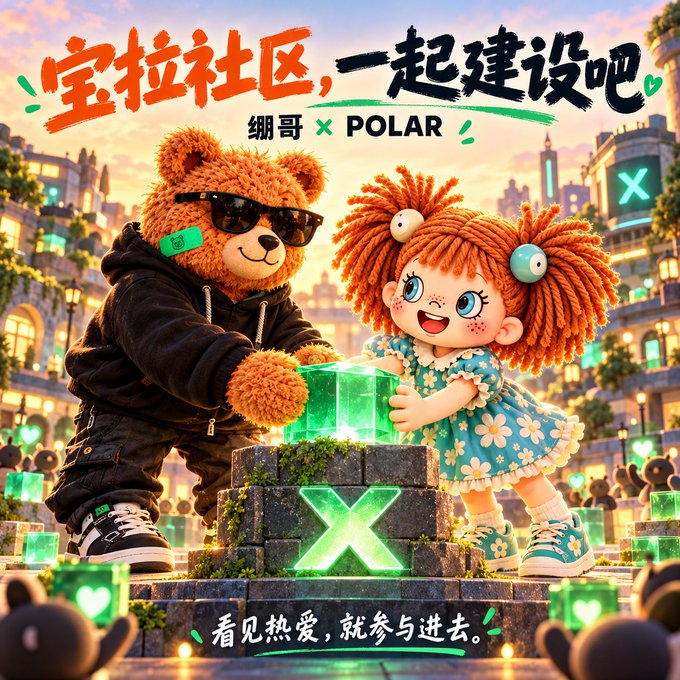 A colorful 3D-animated promotional poster featuring a teddy bear in sunglasses and a doll with red yarn hair collaborating on a glowing green block marked with an 'X'. Chinese text reads '宝拉社区,一起建设吧' (Paula Community, Let's build together), '绷哥 × POLAR', and '看见热爱,就参与进去' (See your passion, join in).