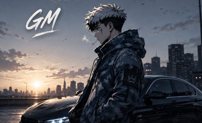 An anime-style illustration of a young man with silver hair wearing a camouflage jacket, standing by a black car against a city skyline at sunset, with 'GM' written in the upper left corner.