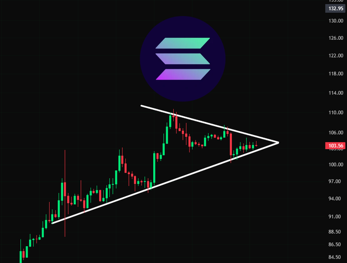 A candlestick chart for SOL displays a symmetrical triangle formation with the price tightening at $103.56 as it approaches the apex of converging trendlines, set against a backdrop of the Solana logo at the top.