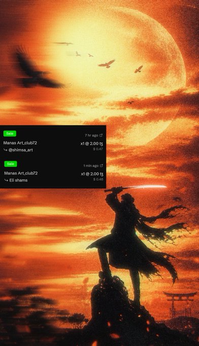 The image features a dramatic silhouette of a swordsman wielding a blade against a fiery orange-red sky with a large moon and flying birds, alongside a chat overlay showing sales transactions: "Manas Art.club72" sold NFT "chinisa_art" for 2.00 tz (0 xtz) 7 hours ago, and "Manas Art.club72" sold NFT "Eli shams" for 2.00 tz (0 xtz) 1 minute ago, capturing the celebratory mood of a successful NFT collection drop titled "Crimson Eclipse: Last Blade of the Forgotten Dawn" on Objkt for 2 XTZ.