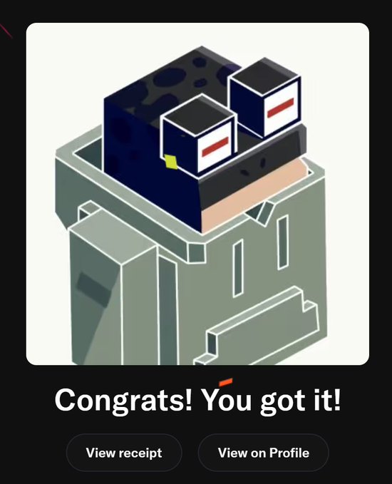 A mobile app notification screen featuring a stylized illustration of boxes on a pedestal with the text 'Congrats! You got it!' and buttons to view receipt or profile.