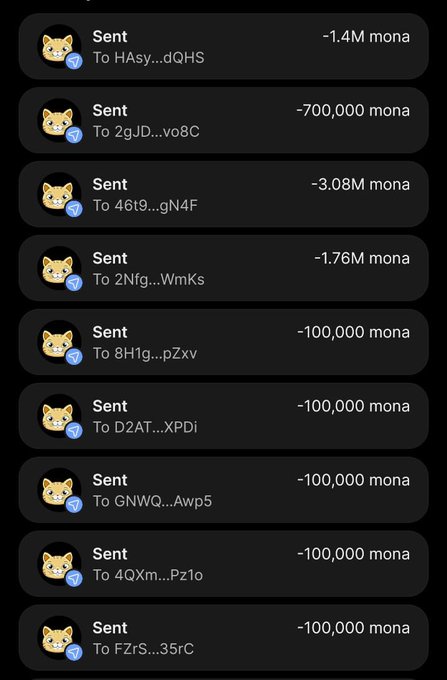The image shows a wallet transaction history displaying multiple "Sent" transfers of varying amounts of mona tokens (-1.4M, -700,000, -3.08M, -1.76M, and several -100,000 mona) to different recipients with truncated addresses (e.g., HAsy...dQHS, 2gJD...vo8C, 46t9...gN4F). This appears to be evidence of a $MONA token airdrop distribution, supporting the post's claim that the airdrop is open and encouraging users to follow, RT, and like for a chance at the drop.
