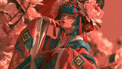 An anime character in traditional Japanese attire surrounded by pink cherry blossoms in a stylized red-toned composition.