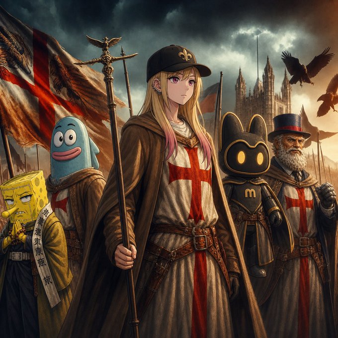 An anime-style illustration featuring a blonde woman in Templar knight attire alongside characters resembling SpongeBob SquarePants, Patrick Star, and an Astro Bot-like figure, with a gothic castle in the background.