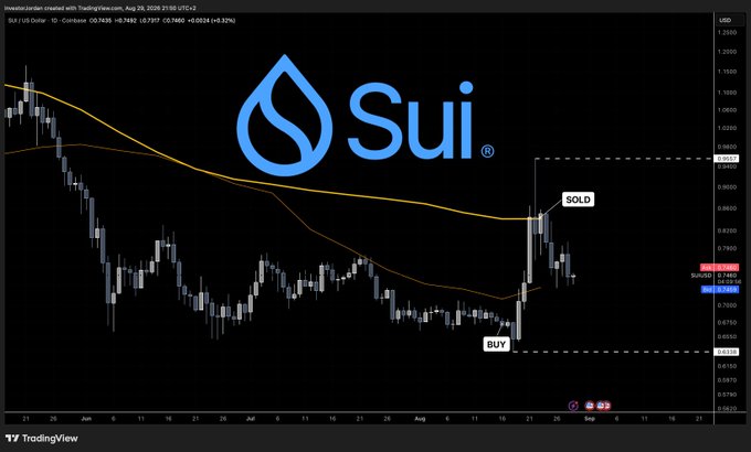 A TradingView chart for **SUI/USDT** (Sui) shows a completed trade setup — with a "BUY" entry near $0.71 and a "SOLD" exit around $0.93 — illustrating the type of swing trade the post is teasing ahead of new setups for Monday.